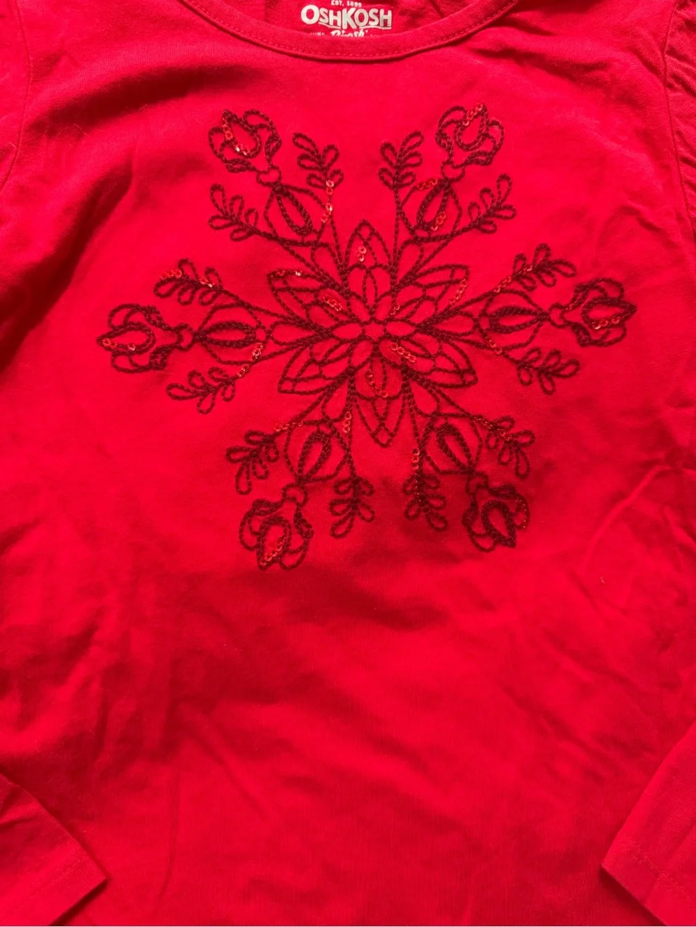 OshKosh B'gosh - Girl’s Red Long-Sleeve Tee with Dark Red Snowflake Graphic
